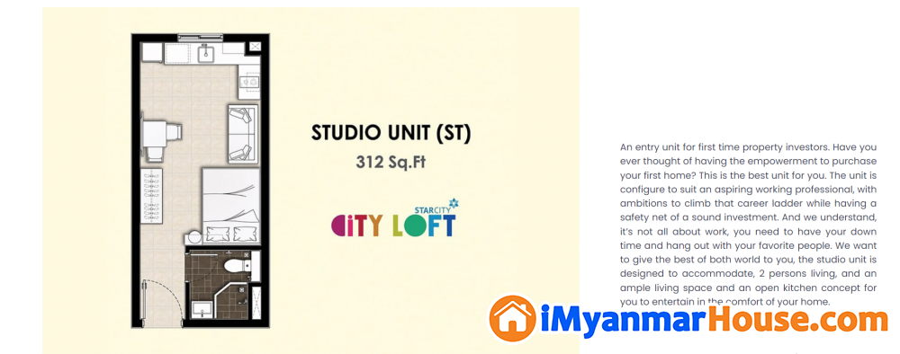 City Loft (Star City) မှ Studio Unit အရောင်းရှိသည်။ - ရောင်းရန် - သံလျင် (Thanlyin) - ရန်ကုန်တိုင်းဒေသကြီး (Yangon Region) - 620 သိန်း (ကျပ်) - S-10129938 | iMyanmarHouse.com